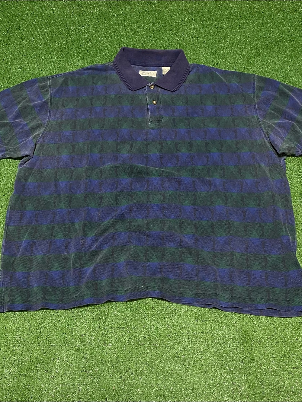 Vintage 90s St. John's Bay AOP Golfer Polo XXL Navy/Green Novelty Knit